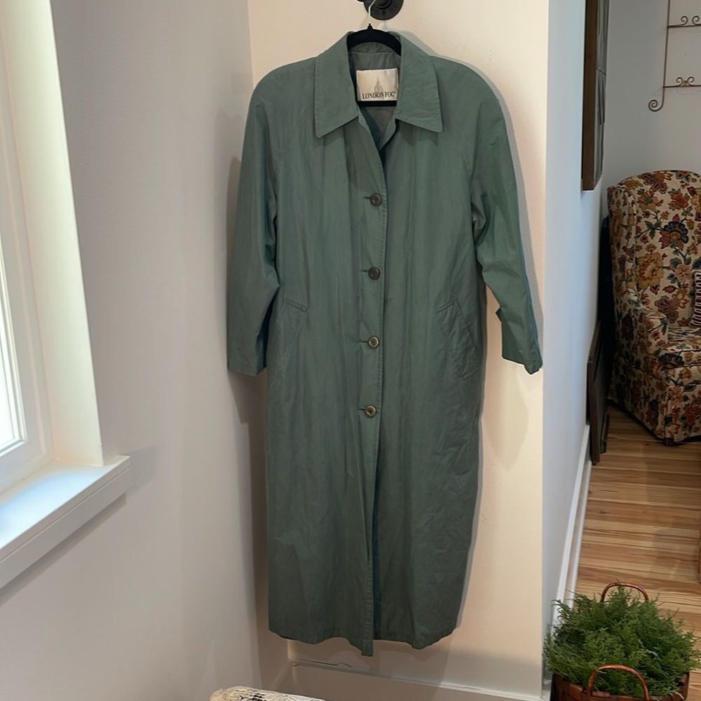 Vintage London Fog full length sagey green-blue trench coat
